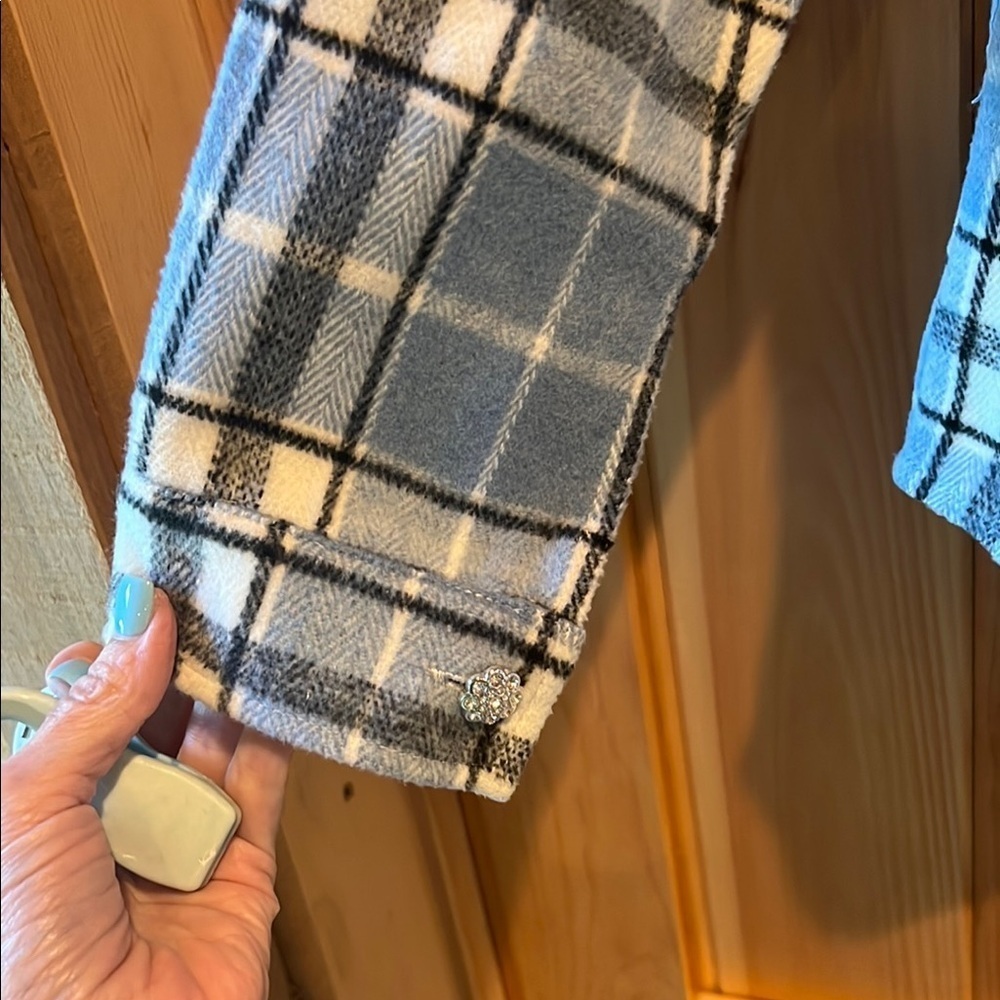Shacket Blue and Black Plaid Shirt with jeweled buttons - Picture 4 of 7